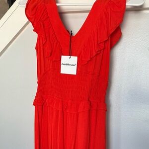 NWT Charlotte Russe coral, reddish-orange Ruffle V-Neck Maxi Dress size M